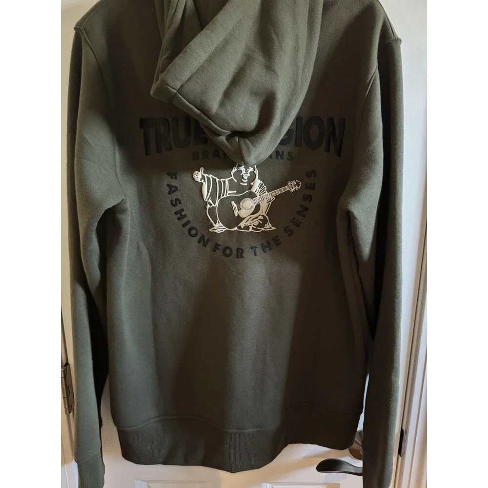 True Religion Buddha Logo  Zip Up Hoodie Olive Sweatshirt Men's Size Large New